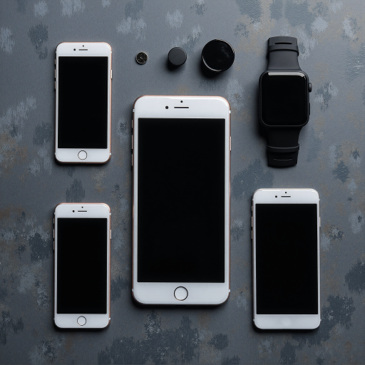 电子产品展示,智能手机、平板电脑、智能手表等高科技设备排列整齐,现代科技感背景